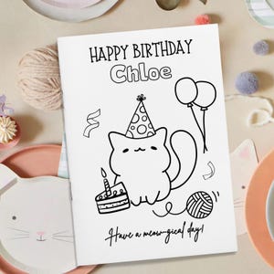 Carte de coloriage modifiable de joyeux anniversaire Kitty Cat | Carte chat imprimable | Activité d'anniversaire bricolage pour enfants | Imprimable 5 x 7 pouces au format Lettre