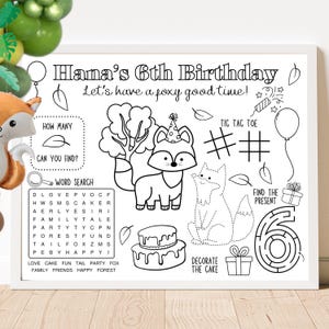 Hoja de actividades para fiesta de cumpleaños de zorros / Recuerdos de fiesta con temática de zorros / Hoja de actividades para niños para colorear zorros del bosque / Mantel individual personalizado para fiesta de zorros