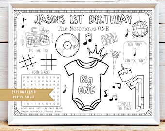 Notorious One Birthday Party Activity Sheet | Notorious Party Favor | 90s Party Coloring Sheet | Big ONE Notorious Theme Kids Party Activity