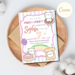 Tarjeta de invitación para fiesta de cumpleaños de gato kawaii / Invitación para fiesta de donas de comida de gato / Entrega digital / El mismo día