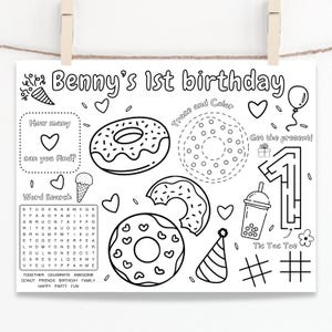 Donut Party Activity Sheet | Donut Birthday Party Favor | First Birthday Donut Coloring Sheet | Kids Activity Sheet | Personalized | Any Age