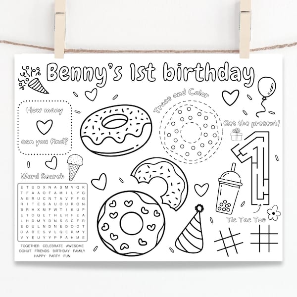 Donut Birthday Party Activity Sheet: Personalized Kids Placemat (Digital Download)