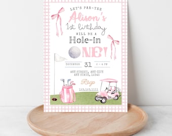Invitación de cumpleaños editable para golfista: Fiesta de golf con lazo rosa (descarga digital)