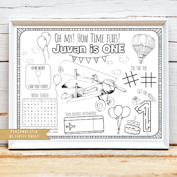 Retro Airplane Birthday Party | How Time Flies Plane Theme Party | Aeroplane Birthday Party Favor | Personalized Coloring Activity Sheet