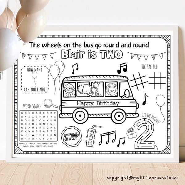 Bus Birthday Party Coloring Mat: Personalized Activity Sheet (Digital Download)