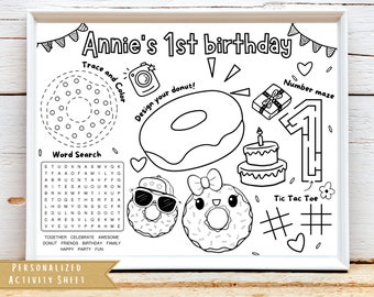 Donut Birthday Activity Sheet | Donut Party Favor | First Birthday Donut Coloring Sheet | Kids Activity Sheet | Personalized