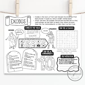 May include: Black and white Exodus-themed educational print. Features illustrations of Moses, Pharaoh, and the Ten Commandments. Includes a word search for the ten plagues and a maze with the number 10.