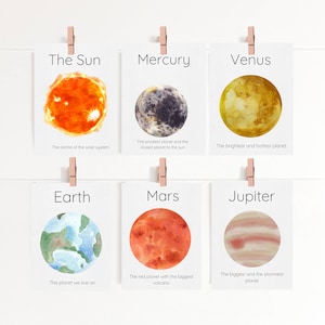 Juego de 12 tarjetas didácticas del sistema solar y póster del sistema solar / Tarjetas didácticas Montessori de los planetas Arte mural del sistema solar / Descarga instantánea
