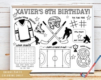 Anniversaire Hockey | Fête d'anniversaire à thème sportif | Anniversaire d'enfants | Faveur de fête | Feuille de coloriage | Fiche d'activité personnalisée