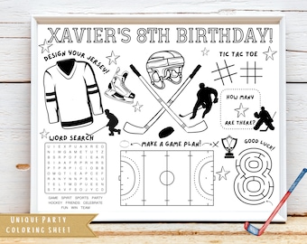 Anniversaire Hockey | Fête d'anniversaire à thème sportif | Anniversaire d'enfants | Faveur de fête | Feuille de coloriage | Fiche d'activité personnalisée