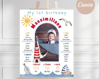 Nautical First Birthday Milestone Board: Watercolor Sailor Party Decor (Editable Canva Template)