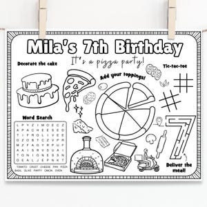 K&ouml;nnte beinhalten: Schwarz-wei&szlig;-Aktivit&auml;tsblatt f&uuml;r eine 7. Geburtstagsfeier. Das Blatt enth&auml;lt einen Kuchen, Pizza, ein Wortsuchr&auml;tsel, Tic-Tac-Toe und ein Labyrinth. Der Text enth&auml;lt "Mila's 7th Birthday" und "It's a pizza party!"