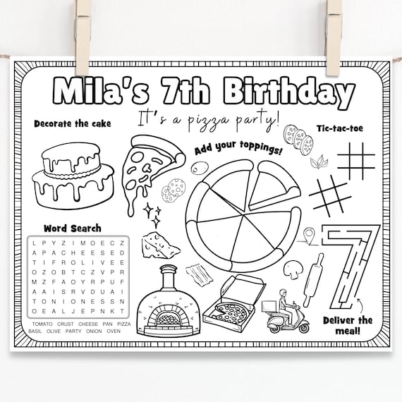 Custom Pizza Party Activity Sheet: Personalized Kids Coloring Placemat (Digital Download)