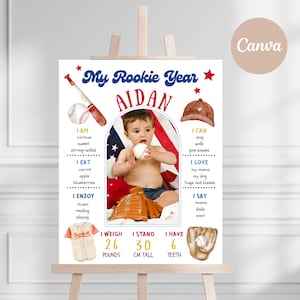 Tablero de hitos del béisbol/ Letrero de fiesta de hitos del año de novato del béisbol/ Decoración de fiesta de novato del año/ Letrero de cumpleaños de béisbol