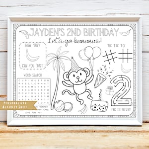 Monkey Banana Birthday Party Activity Sheet | Curious Monkey Party Favor | Kids Activity Sheet | Let's Go Bananas Party | Party Placemat