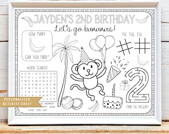 Monkey Birthday Activity Sheet: Personalized Party Placemat (Digital Download)