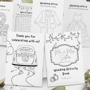 May include: A black and white wedding activity book with a maze, word search, coloring pages, and a thank you message. The book includes the text "Mr. & Mrs. Sather" and "September 27th, 2025".