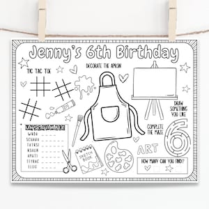 Hoja de actividades para fiestas de cumpleaños con arte: Mantel individual personalizado (descarga digital)
