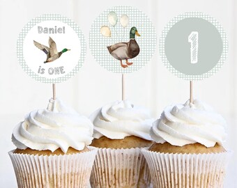 Bearbeitbares Stockenten-Enten-Cupcake-Topper: Erste Geburtstagsfeier (Instant Download)
