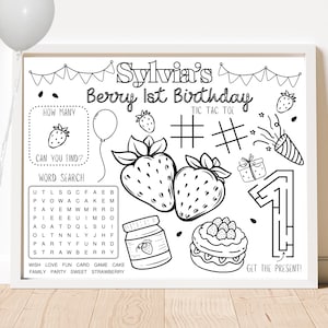 Strawberry Birthday Party Activity Sheet | Strawberry theme Party Favor  | Fruits Party | Kids Activity Sheet | Personalized Party Placemat