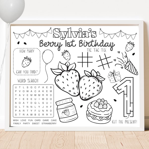 CUSTOMIZABLE Strawberry Birthday Party Activity Sheet: Strawberry Party Favor Coloring Page Personalized Placemat | Digital Download