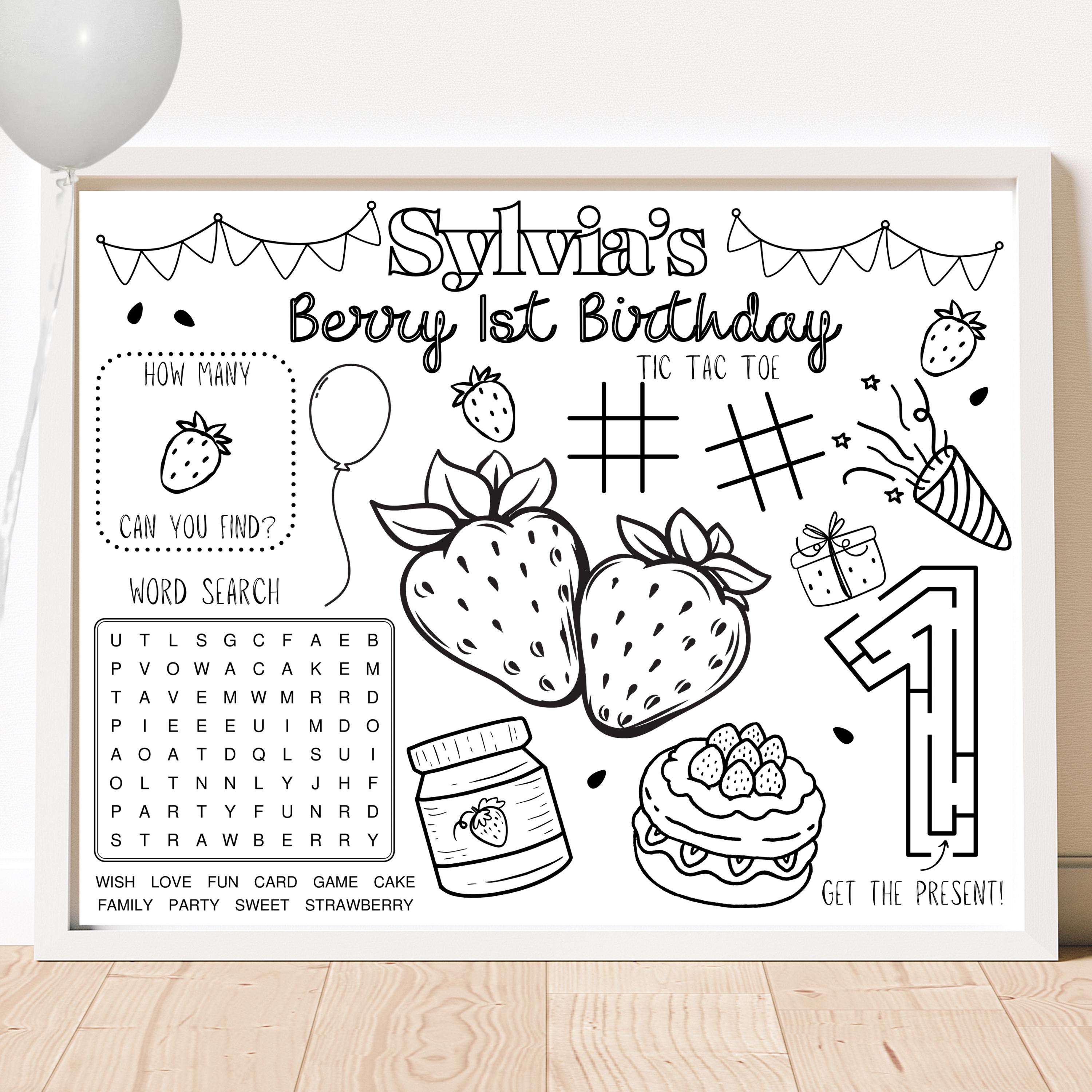 CUSTOMIZABLE Strawberry Birthday Party Activity Sheet: Strawberry Party Favor Coloring Page Personalized Placemat | Digital Download