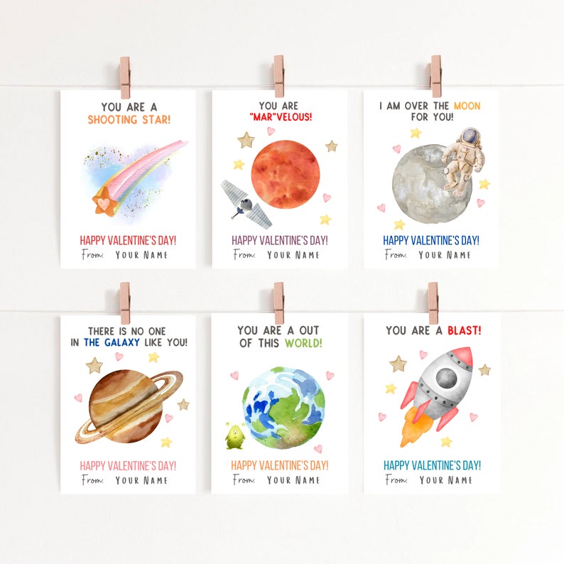 Classroom Valentines Day Cards Kids Valentine Space Theme, Planets Valentine Solar System Valentine's DIY Printable INSTANT DOWNLOAD image 1