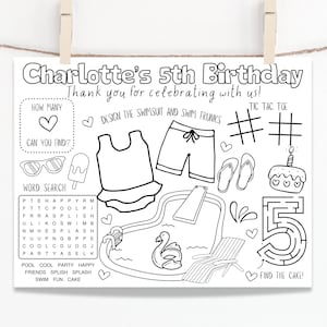 Puede incluir: Una hoja de actividades imprimible en blanco y negro para una fiesta de cumpleaños de 5 años. La hoja presenta una piscina, un pastel, una búsqueda de palabras, un juego de tres en raya y un laberinto. El texto en la hoja dice "Charlotte's 5th Birthday" y "Thank you for celebrating with us!"