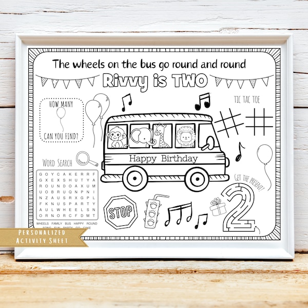 Bus Birthday Party | The Wheels on the Bus Party | Bus Party Favor | Personalized Vehicle Bus Table Coloring Mat Activity Sheet