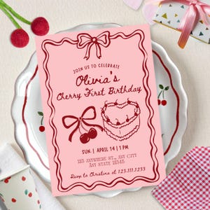 Kirsche Geburtstagseinladung: Bearbeitbare Party einladen, DIY Canva Design (5x7) (Digital Download)