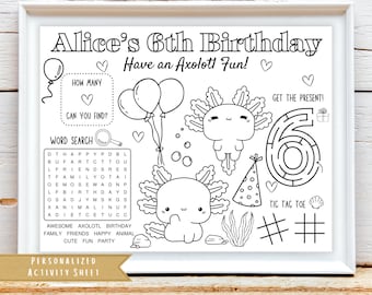 Axolotl Birthday Party Activity Sheet | Axolotl Party Favor | Axolotl Coloring Kids Activity Sheet | Personalized Party Placemat