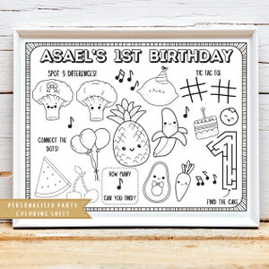Hoja de actividades para fiesta de cumpleaños de frutas kawaii: Mantel individual para colorear personalizado (descarga digital)