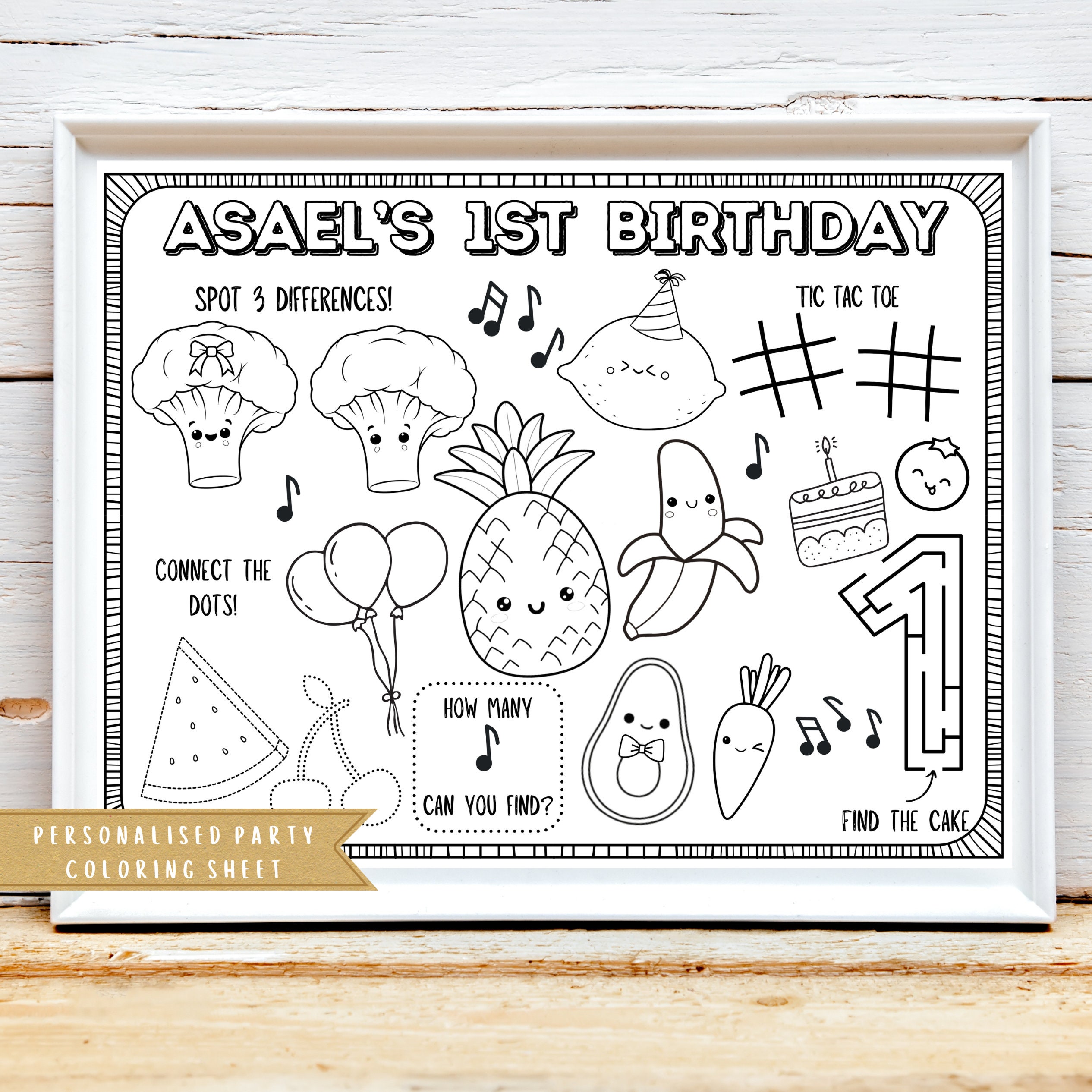 Kawaii Fruit Birthday Party Activity Sheet: Personalized Coloring Placemat  (Digital Download), image size:2531x2531