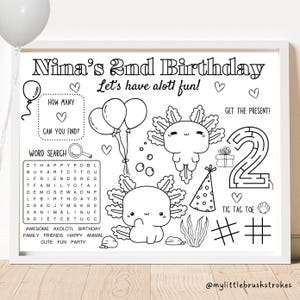 Axolotl Birthday Party Activity Sheet | Axolotl Party Favor | Axolotl Coloring Kids Activity Sheet | Personalized Party Placemat