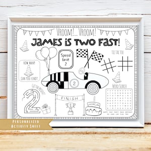 Race Car Two Fast Birthday Party | Fast One Race Car Theme Birthday Racing Car Birthday | Party Favor | Personalized Coloring Activity Sheet