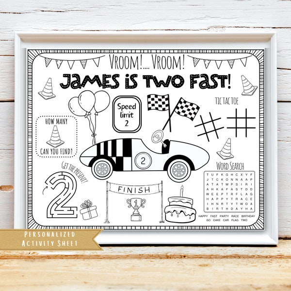 Race Car Two Fast Birthday Party | Fast One Race Car Theme Birthday Racing Car Birthday | Party Favor | Personalized Coloring Activity Sheet