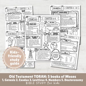 Puede incluir: Una guía de estudio bíblico para niños con ilustraciones y texto. La guía cubre Génesis, Éxodo, Levítico, Números y Deuteronomio. Las páginas presentan imágenes y texto dibujados a mano, con títulos como "El Arca de Noé" y "El Diluvio."