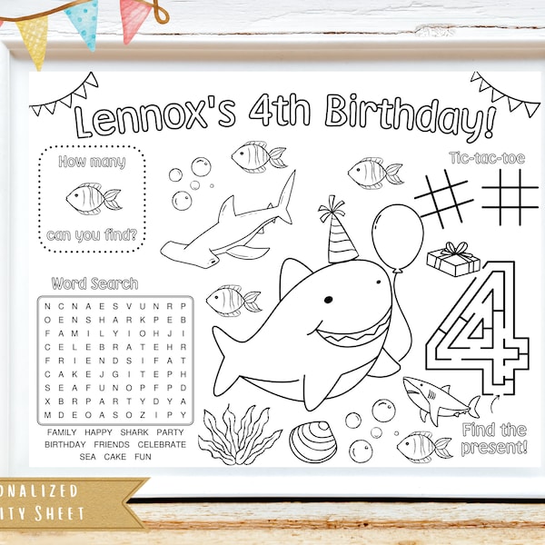 Baby Shark Birthday Activity Sheet | Shark Theme Party Favor | Shark Coloring Sheet | Kids Activity Sheet | Personalized
