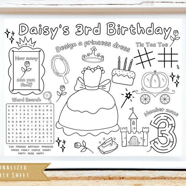 Princess Birthday Party Activity Sheet | Princesses Party Favor | Cinderella Party | Princess Coloring Sheet | Kids Activity Sheet