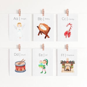 Tarjetas didácticas del alfabeto navideño Tarjetas didácticas Montessori con acuarela / Materiales de aprendizaje navideños para niños / Descarga instantánea