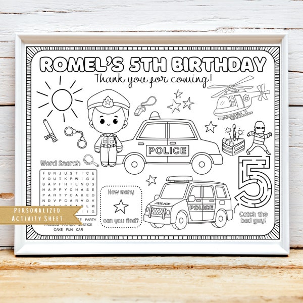 Police Birthday Party | Police Car Theme Party | Police Officer Party Favor | Personalized Coloring Activity Placemat
