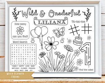 Wild and Onederful | Wild Flower Birthday Party Activity Sheet | Flower Party Favor | Kids Activity Sheet | Personalized Party Placemat