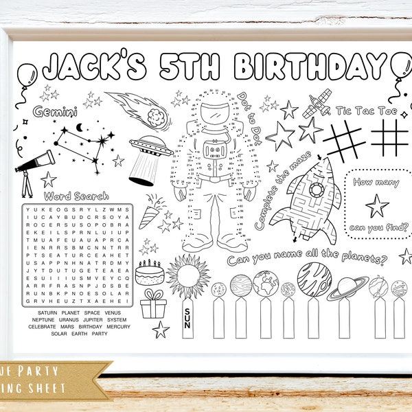 Space Party Activity Sheet | Planets Party | Solar System Birthday Party Coloring | Party Activity Sheet | Personalized Party Favor