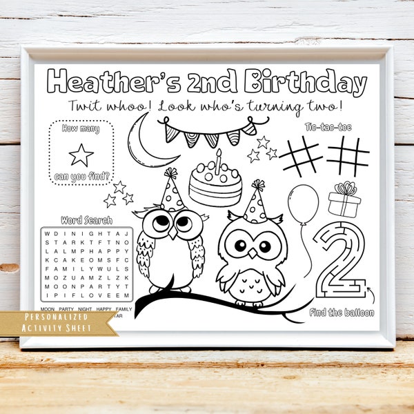 Owl Birthday Party Activity Sheet | Cute Owl Party Favor | Owl Coloring Kids Activity Sheet | Personalized Party Placemat