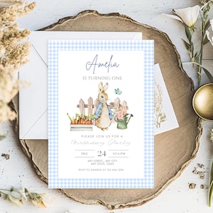 Modello di invito per festa di compleanno del coniglio classico di Beatrix Potter modificabile / Invito digitale per festa di compleanno del coniglio / Consegna immediata / Blu o rosa