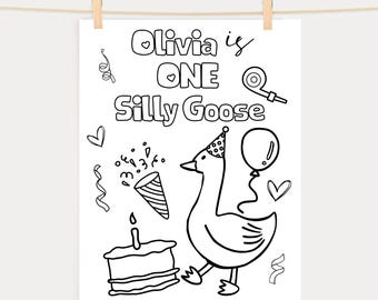 May include: A black and white printable colouring page featuring a goose wearing a party hat, a birthday cake with a candle, a party horn, and the text "Olivia is ONE Silly Goose".