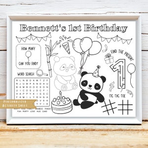 May include: A black and white printable activity sheet for a first birthday party. The sheet features a panda bear, balloons, a cake, a word search, a maze, and a tic-tac-toe game. The text "Bennett's 1st Birthday" is at the top of the sheet.