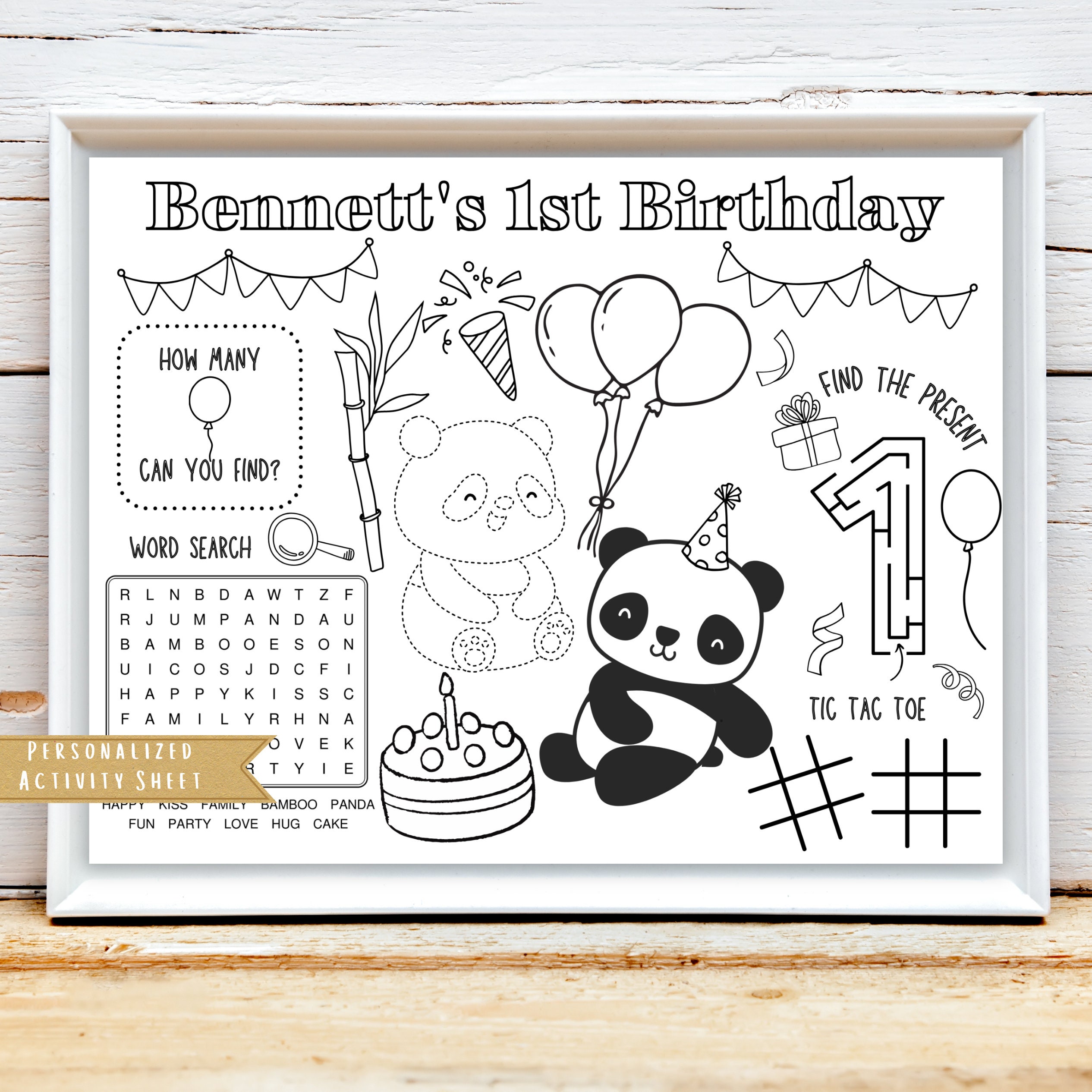 Panda Birthday Party Activity Sheet: Personalized Coloring Table Mat (Digital Download)