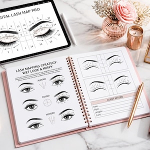 May include: A spiral-bound lash mapping notebook with white pages featuring black diagrams of eye shapes and lash lengths, alongside a tablet displaying a digital lash map. The notebook includes sections for client records and lash mapping strategies.