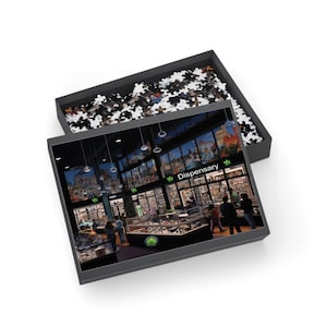 Challenge yourself with a unique 420-themed dispensary jigsaw puzz led! Perfect for adults, decor, and gifts. Choose from 96-1000 pieces.